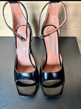 Black Patent Leather Open-Toe Ankle-Strap Heels